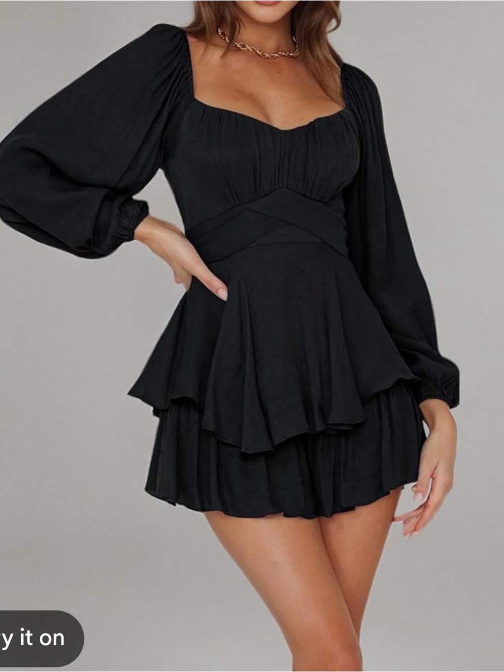 Black Tiered Long-Sleeve Mini Romper